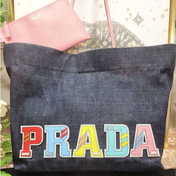 NWOT Prada Denim Logo Patch Tote W/ Pouchette, Dust Bag And COA - Picture 4 of 16
